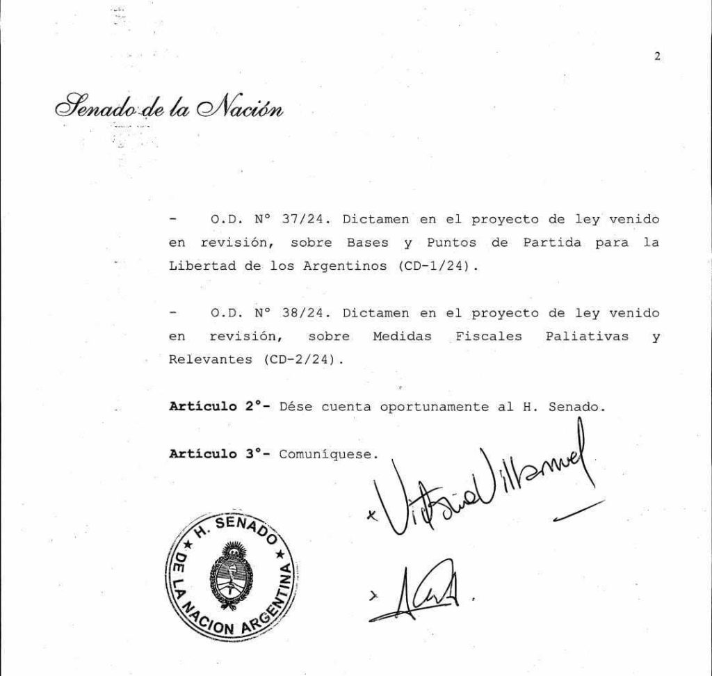 El Senado convocó a una sesión especial el próximo miércoles para tratar la Ley Bases y el paquete fiscal